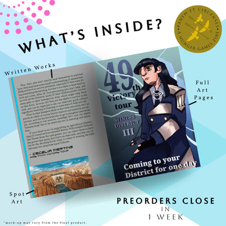 A Hunger Games zine's interior preview mockup graphic to allow supporters a glimpse of the formatting. It was created for Panem et Circenses: A Hunger Games Zine whose profits went to the PCRF.