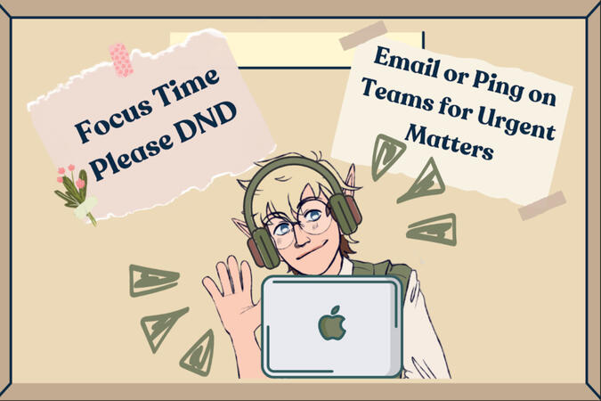 a Do Not Disturb graphic for an office door. Elf persona art by @peachrumpas