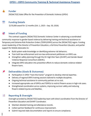 A Redacted Grant "One Pager"